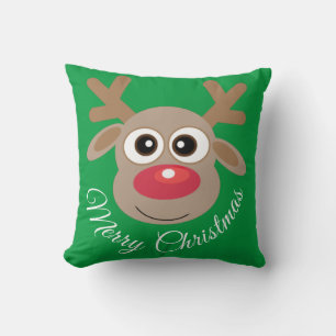 Cute Reindeer Cartoon Green Christmas Novelty Cushion