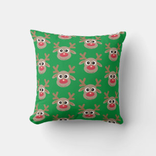 Cute Reindeer Cartoon Green Christmas Pattern Cushion