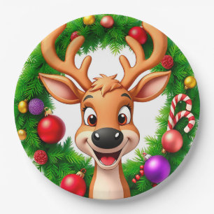 Cute Reindeer Cartoon Holiday Snowy Cheer Scene ✨ Paper Plate