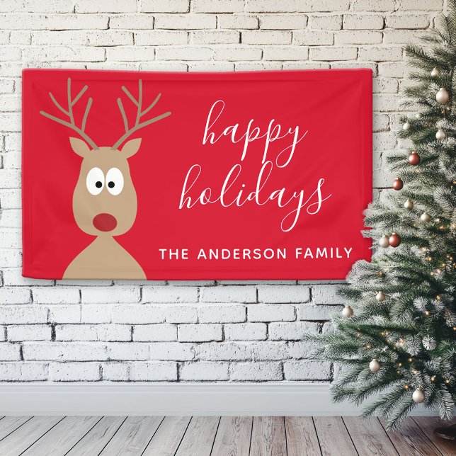 Cute Reindeer Cartoon with Family Greeting red Banner (Custom Christmas Holiday Banner)