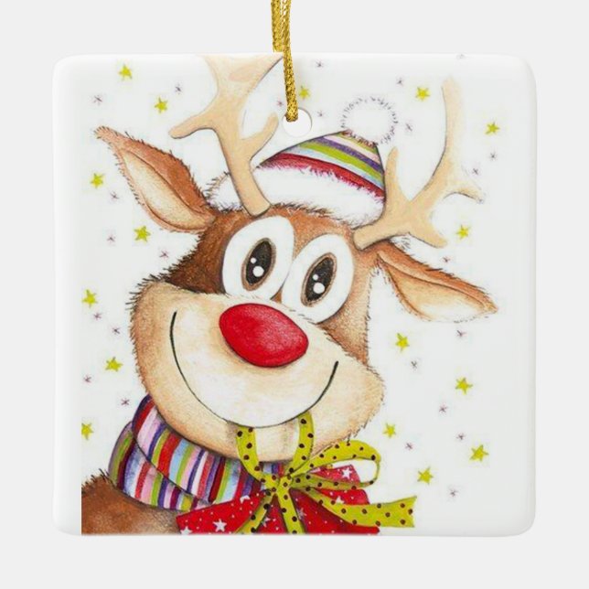 Cute Reindeer Ceramic Ornament (Front)