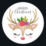 Cute Reindeer Christmas  Classic Round Sticker<br><div class="desc">A cute reindeer face decorates this sticker with the words Merry Christmas. Fun for decorating Christmas gifts and holiday treat bags for neighbours. Designed for you by Blackberry boulevard.</div>