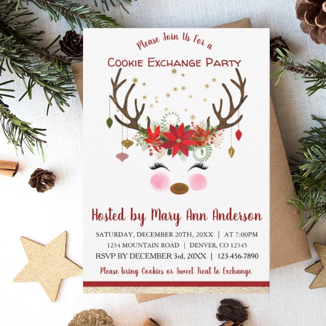 Cute Reindeer Christmas Cookie Exchange Party Invitation (Creator Uploaded)