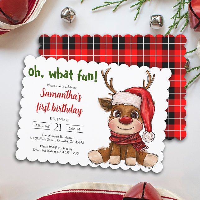 Cute Reindeer Christmas First Birthday Party  Invitation (Elevate your baby's celebration with our charming invitation. Create unforgettable memories.)