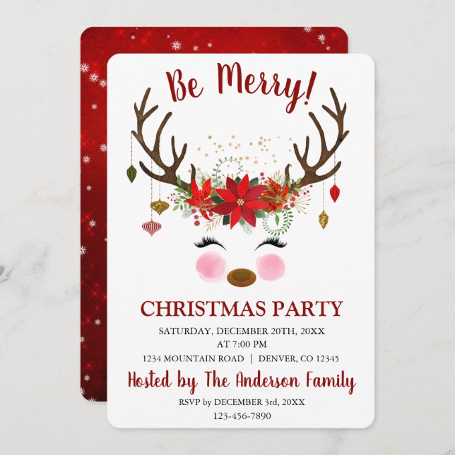 Cute Reindeer Christmas Holiday Dinner Party Invitation (Front/Back)