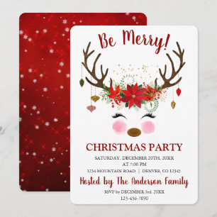 Cute Reindeer Christmas Holiday Dinner Party Invitation