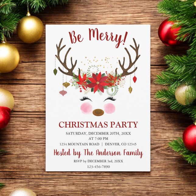 Cute Reindeer Christmas Holiday Dinner Party Invitation (Creator Uploaded)