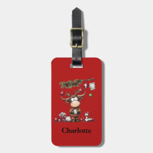 Cute Reindeer Christmas Holiday Red Luggage ID Tag