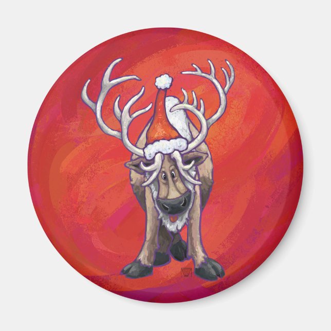 Cute Reindeer Christmas On Red Magnet (Front)