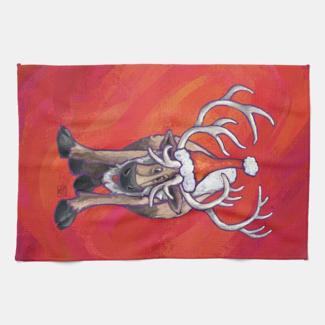 Cute Reindeer Christmas On Red Tea Towel (Horizontal)