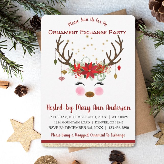Cute Reindeer Christmas Ornament Exchange Party Invitation (Creator Uploaded)