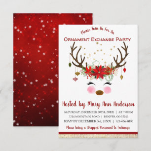 Cute Reindeer Christmas Ornament Exchange Party Invitation