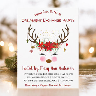 Cute Reindeer Christmas Ornament Exchange Party Postcard