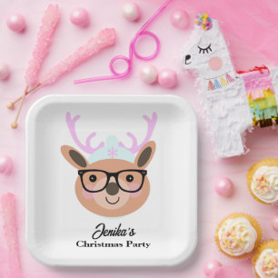 Cute Reindeer Christmas Party Scarf Hat Glasses Paper Plate