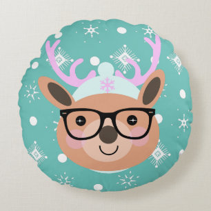 Cute Reindeer Christmas Party Scarf Hat Glasses Round Cushion