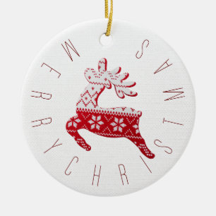 Cute Reindeer Christmas Pattern Red & White  Ceramic Tree Decoration