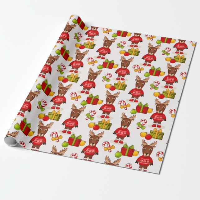 Cute Reindeer Christmas Pattern Wrapping Paper (Unrolled)