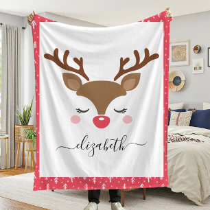 Cute Reindeer Christmas Personalised Name Fleece Blanket