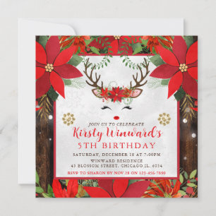Cute Reindeer Christmas Poinsettia 5th Birthday Invitation