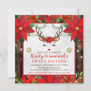 Cute Reindeer Christmas Poinsettia Sweet 16 Invitation
