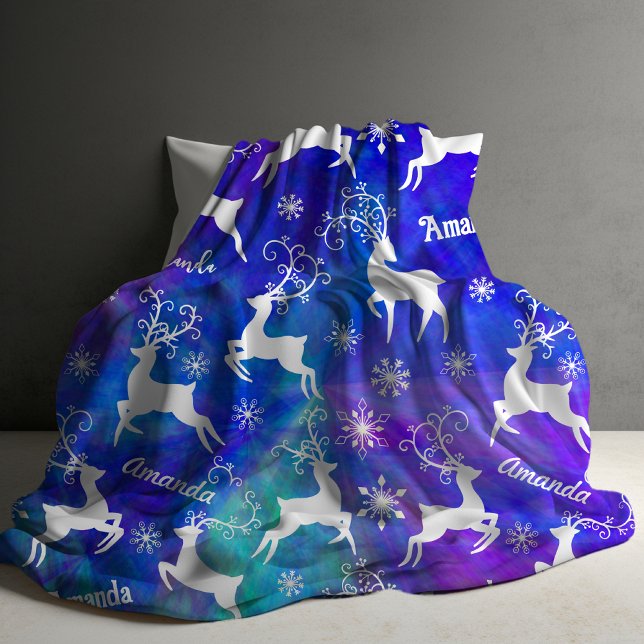 Cute reindeer Christmas repeating name colourful  Fleece Blanket (Creator Uploaded)