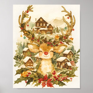 Cute Reindeer Christmas Vintage Watercolor  Poster