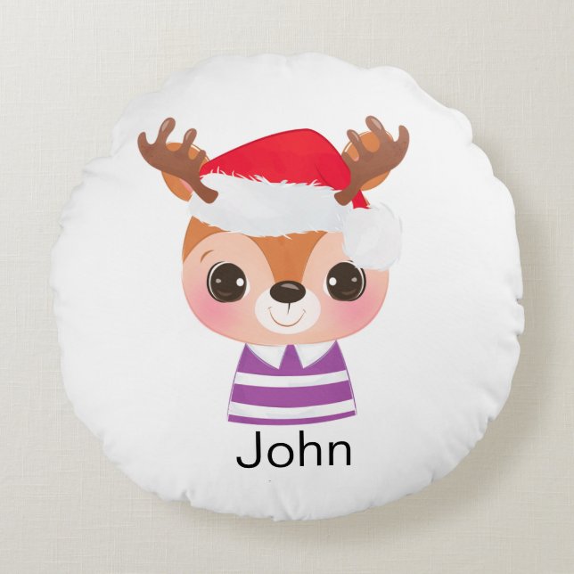 Cute Reindeer Christmas Winter Animal Round Cushion (Front)
