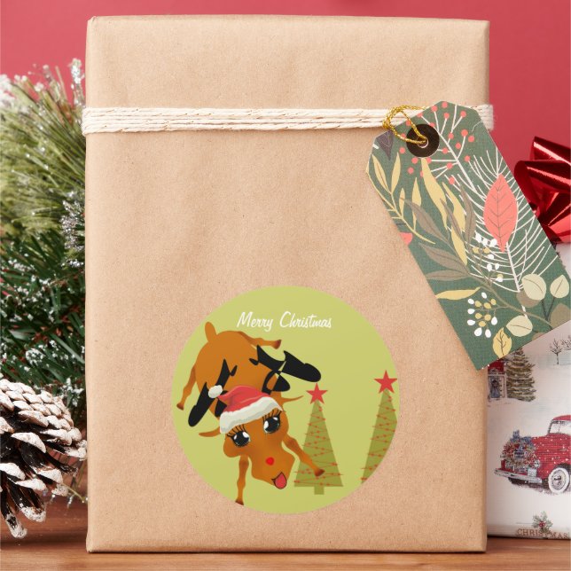 Cute Reindeer Classic Round Sticker (Holiday)