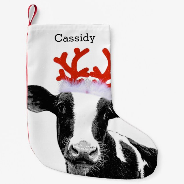 Cute Reindeer Costume Cow with Personalised Name Small Christmas Stocking (Front)
