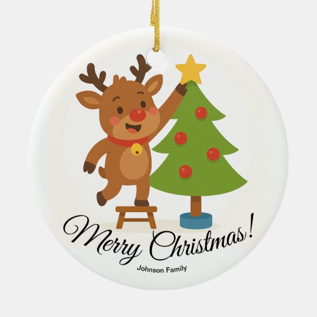 Cute Reindeer Decorating Tree Personalized Name Ceramic Tree Decoration (Back)