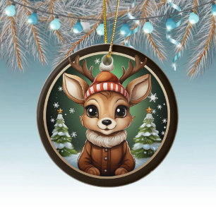 Cute Reindeer, Deer, Antlers, Doe, Fawn Xmas Snow Ceramic Tree Decoration