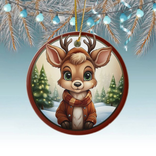 Cute Reindeer, Deer Antlers, Woodland Animal 🦌🎄 Ceramic Tree Decoration (Cute Deer, Fawn, Doe Winter Christmas Trees Green Framed Xmas Holiday Snow Ornament Front/Back 🦌🎄)