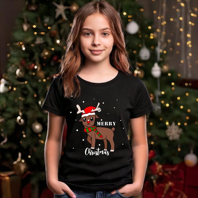 Cute Reindeer Drawing Snowflakes Merry Christmas T-Shirt (Creator Uploaded)