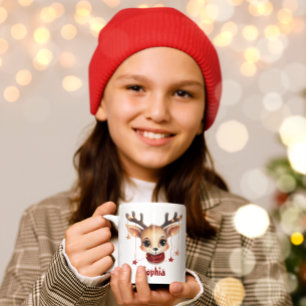 Cute Reindeer Face and Lights Personalised Xmas Coffee Mug
