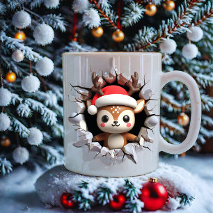 Cute Reindeer Face Christmas with Santa Hat  Coffee Mug