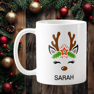 Cute Reindeer Face Custom Name Holiday Coffee Mug