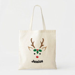 Cute Reindeer Face Personalised Christmas Tote Bag