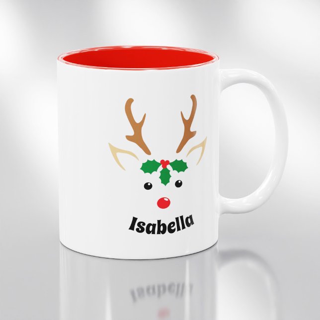 Cute Reindeer Face | Personalised Christmas Two-Tone Coffee Mug (Creator Uploaded)