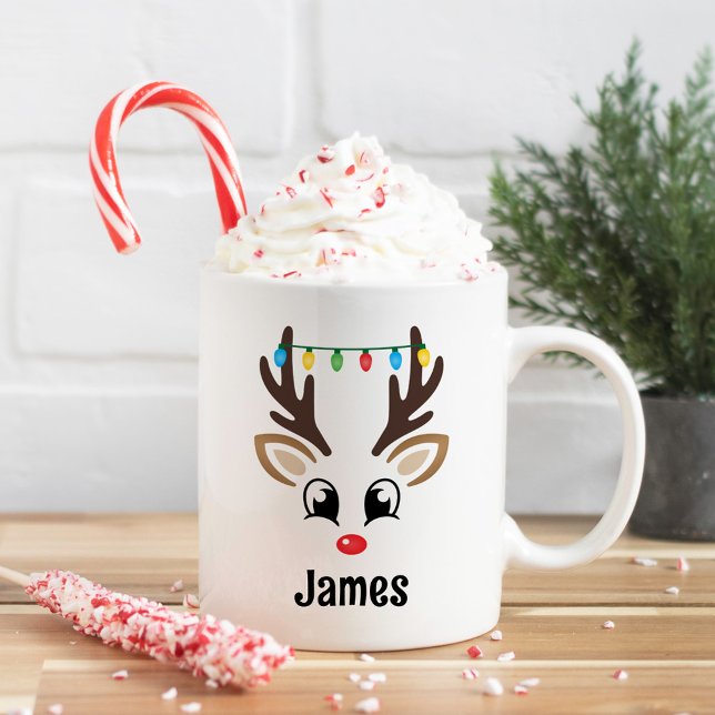 Cute Reindeer Face Personalised Name Christmas Coffee Mug (Creator Uploaded)