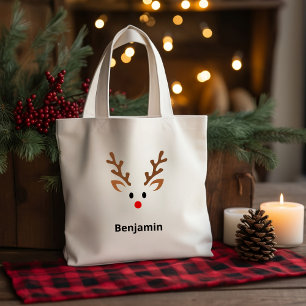 Cute Reindeer Face with Red Nose Name Tote Bag