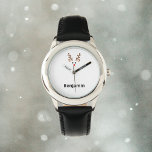 Cute Reindeer Face with Red Nose Name Watch<br><div class="desc">Shows a cute reindeer face with antlers,  ears,  eyes,  and red nose. Modern,  minimalist silhouette. Customise and personalise the name below the deer face.
Terrific for children,  teens,  and adults for the Christmas holiday in December. Get into the festive spirit with this adorable animal.</div>