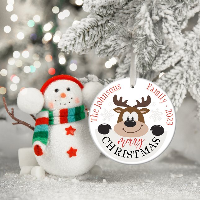 Cute Reindeer Family Name Personalized Christmas Ceramic Tree Decoration (Personalized Merry Christmas Ceramic Tree Decoration)