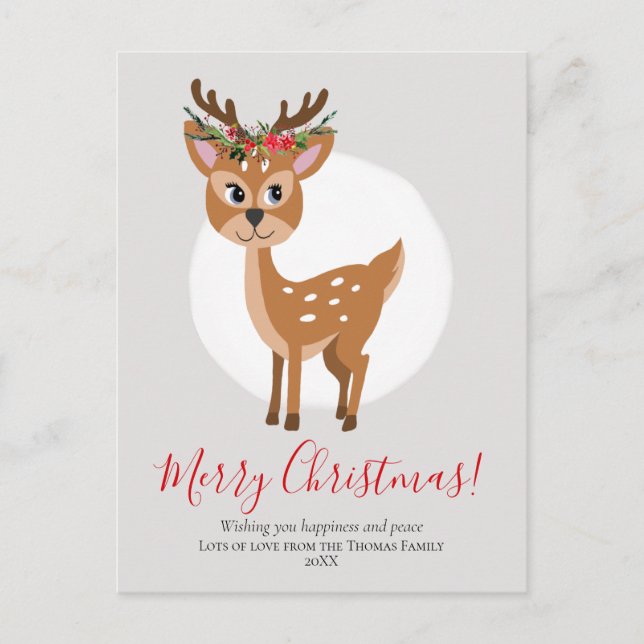 Cute Reindeer Floral Christmas Wreath Family Holiday Postcard (Front)