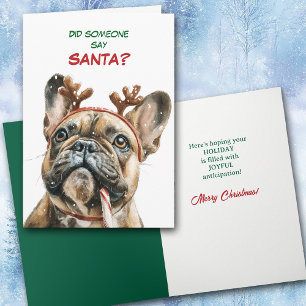 Cute Reindeer French Bulldog Looks for Santa Holiday Card