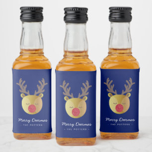 Cute Reindeer   Fun Christmas Blue & Gold Liquor Bottle Label