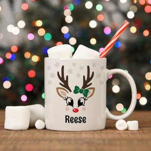 Cute Reindeer Girl Green Bow Custom Name Christmas Coffee Mug
