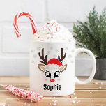 Cute Reindeer Girl Santa Hat Custom Name Christmas Coffee Mug<br><div class="desc">Cute and girly Christmas coffee or hot cocoa mug features an illustration of a sweet Rudolph reindeer girl face with a shiny red nose, eyelashes, and antlers. She is dressed up with a red Santa Claus hat and surrounded by light grey snowflakes. Personalise this festive hot chocolate mug with a...</div>