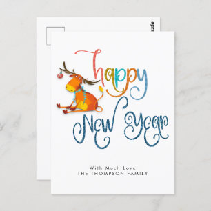 Cute Reindeer Glitter Happy New Year Postcard