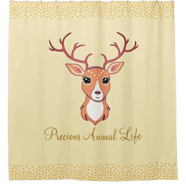 Cute Reindeer & Gold Confetti on Golden Shower Curtain (Front)