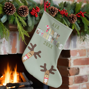 Cute Reindeer Green First Christmas Stocking